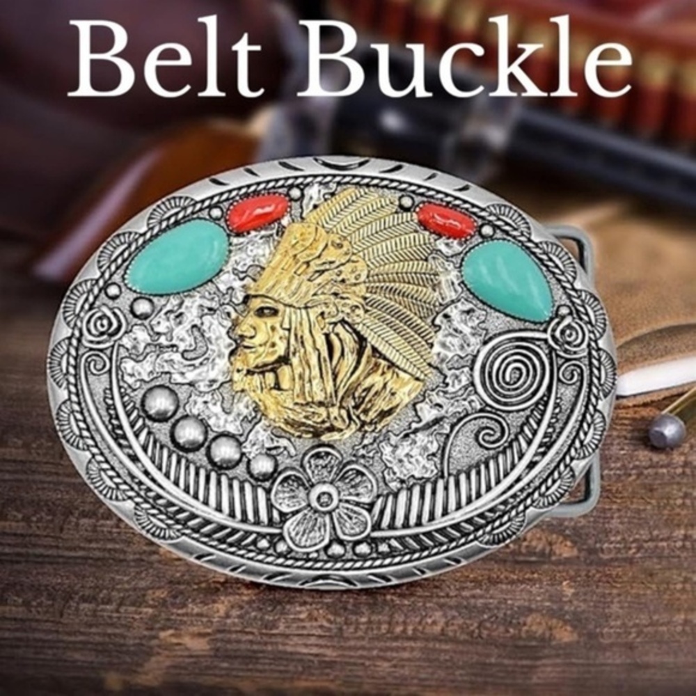 NWT Silver & Turquoise Indian Head Western Unisex Belt Buckle/One size